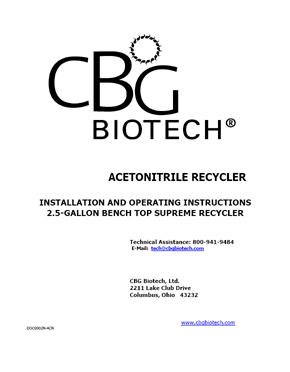 Operator's Manual for 2.5 G Bench Top Acetonitrile Recycler - Automatic Drain